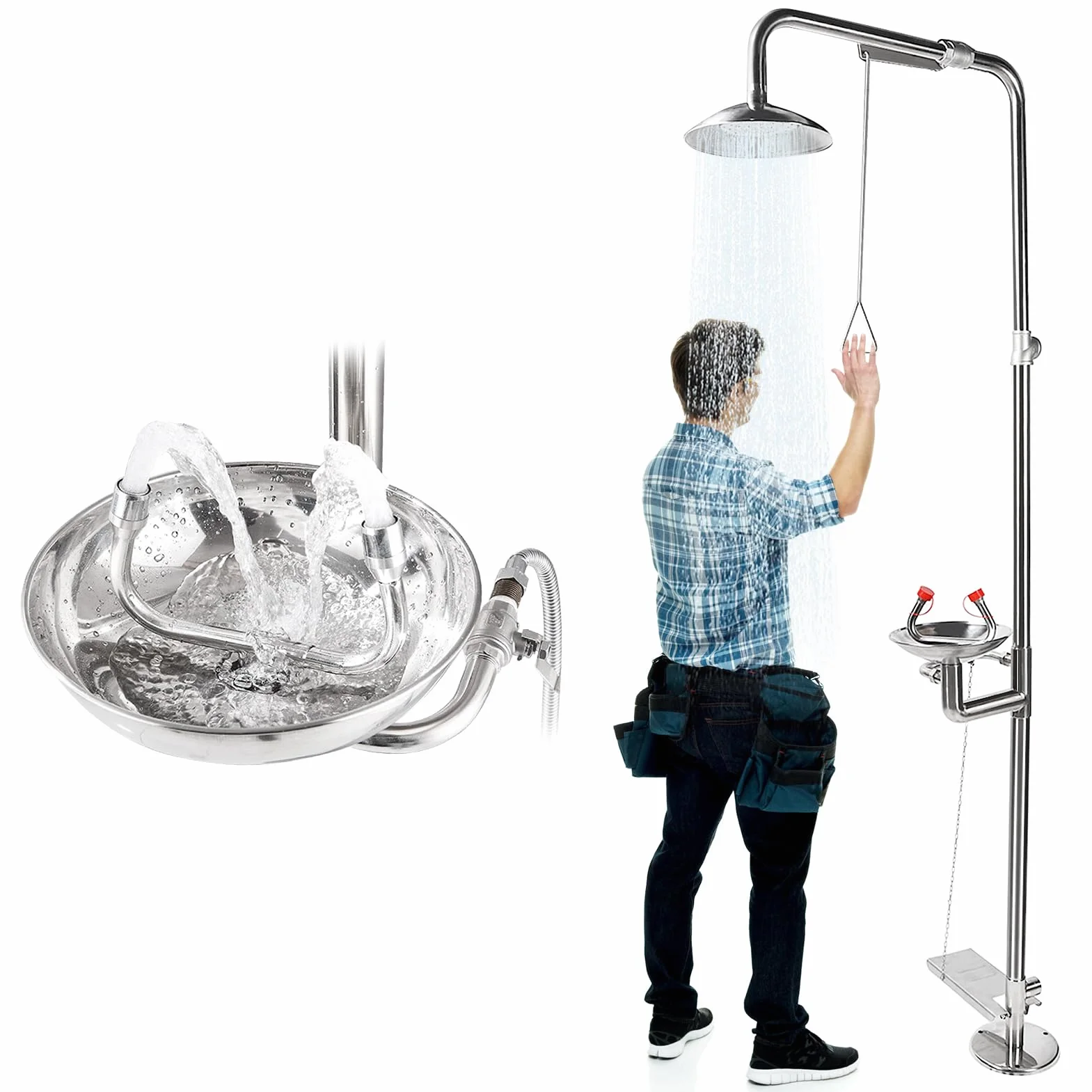 Estación de Lavado de Ojos de Acero Inoxidable 304, Ducha de Emergencia, Estación de Lavado de Ojos de Emergencia con Ducha, Juego de Ducha Lavaojos de Laboratorio