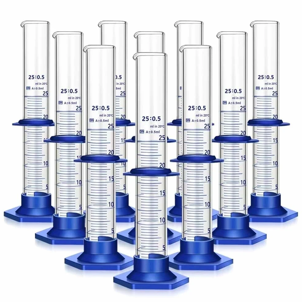 Probeta de Laboratorio para Ciencias, Juego de Cilindros graduados de Vidrio de borosilicato con Cepillo, 5-250 ml(10 pcs 25ML)