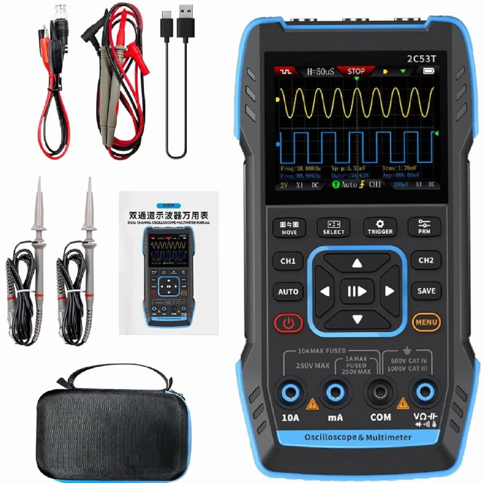 DEWIN Osciloscopio 2C53T,Osciloscopio Digital Osciloscopio Portatil/Multímetro/Generador de Señales dds 3 en 1, 2 Canales Frecuencia de muestreo de 50 MHz 250 MSa/s 19999 recuentos