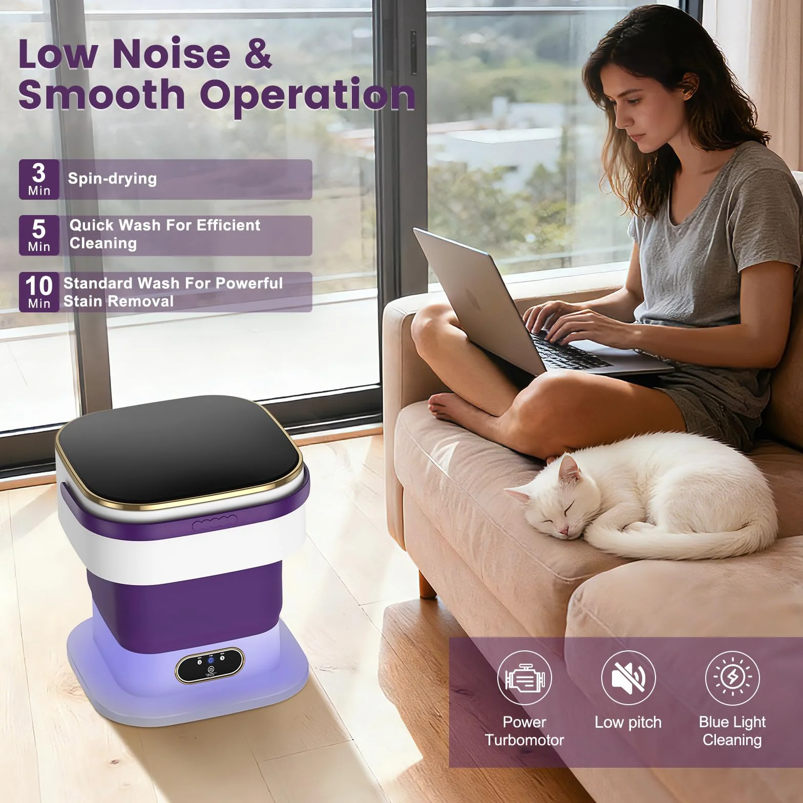 Lavadora Portátil Mejorada 15 Litros 3 Programas Lavado con Centrifugado Plegable Morado