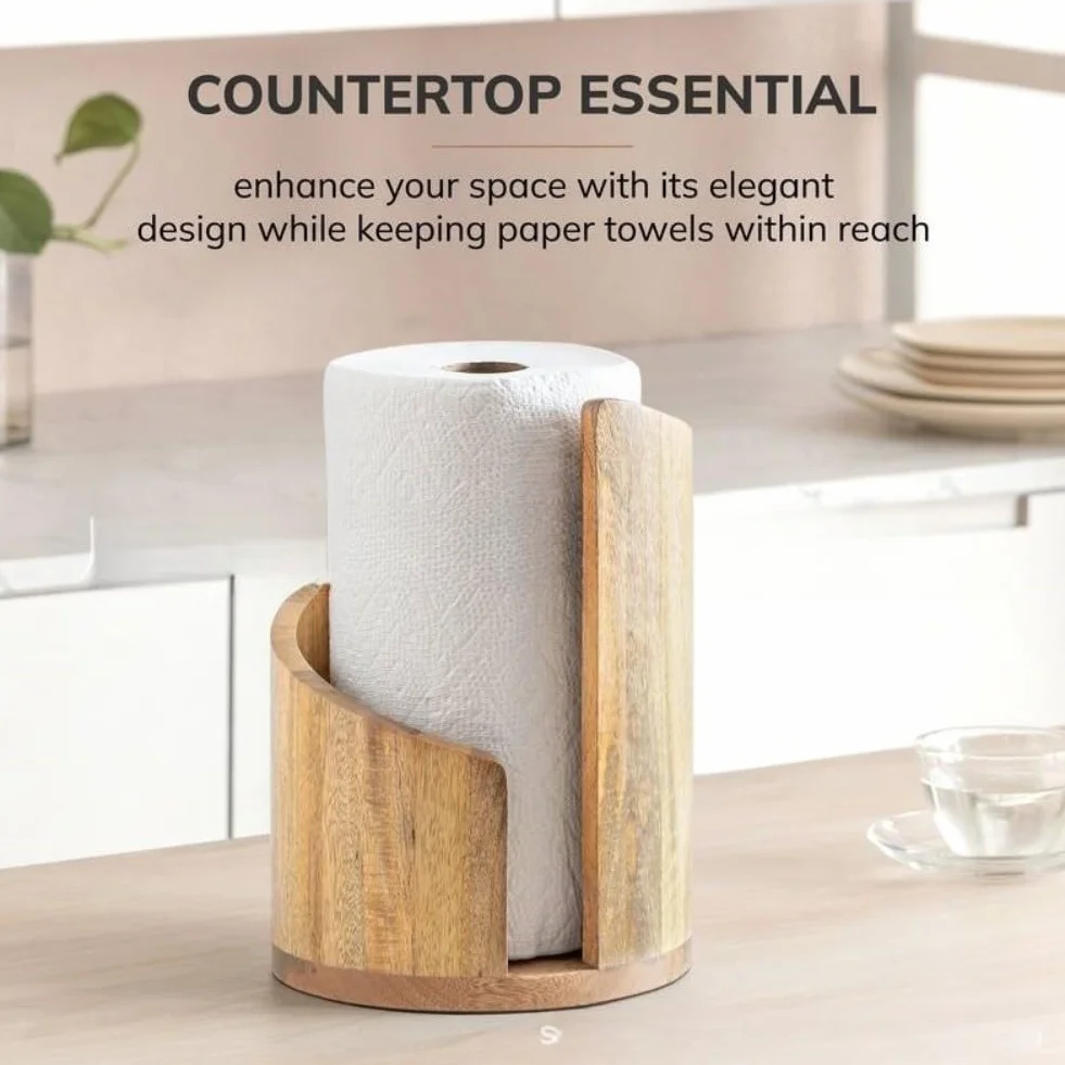 Soporte vertical para toallas de papel encimera base madera barra metal