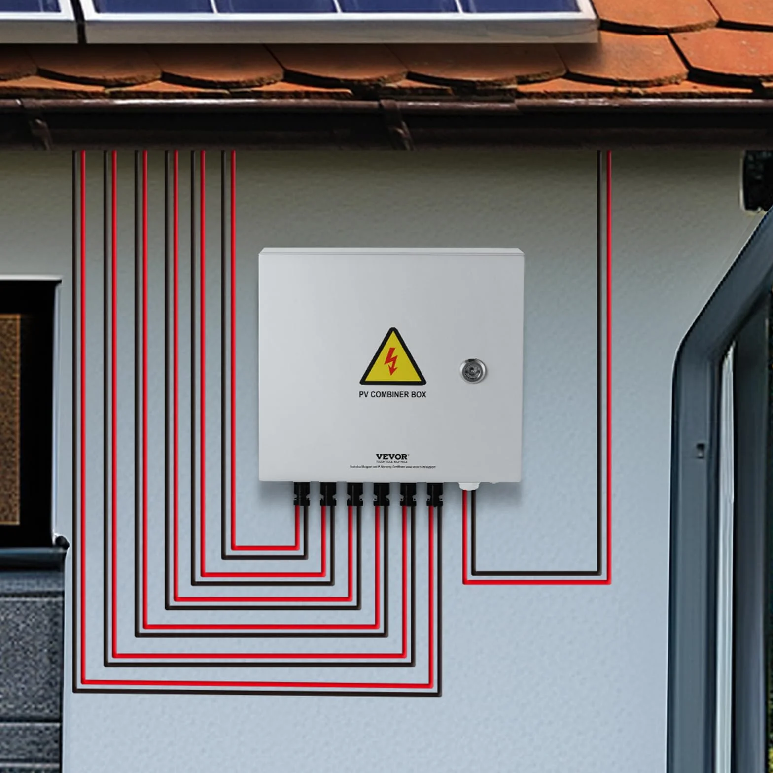 VEVOR Caja Combinadora Fotovoltaica, 6 Cuerdas, Caja Combinadora Solar con Fusible de Corriente Nominal de 15 A Conector Solar, Caja de Acero para Sistema de Panel Solar de Red de Encendido, Apagado