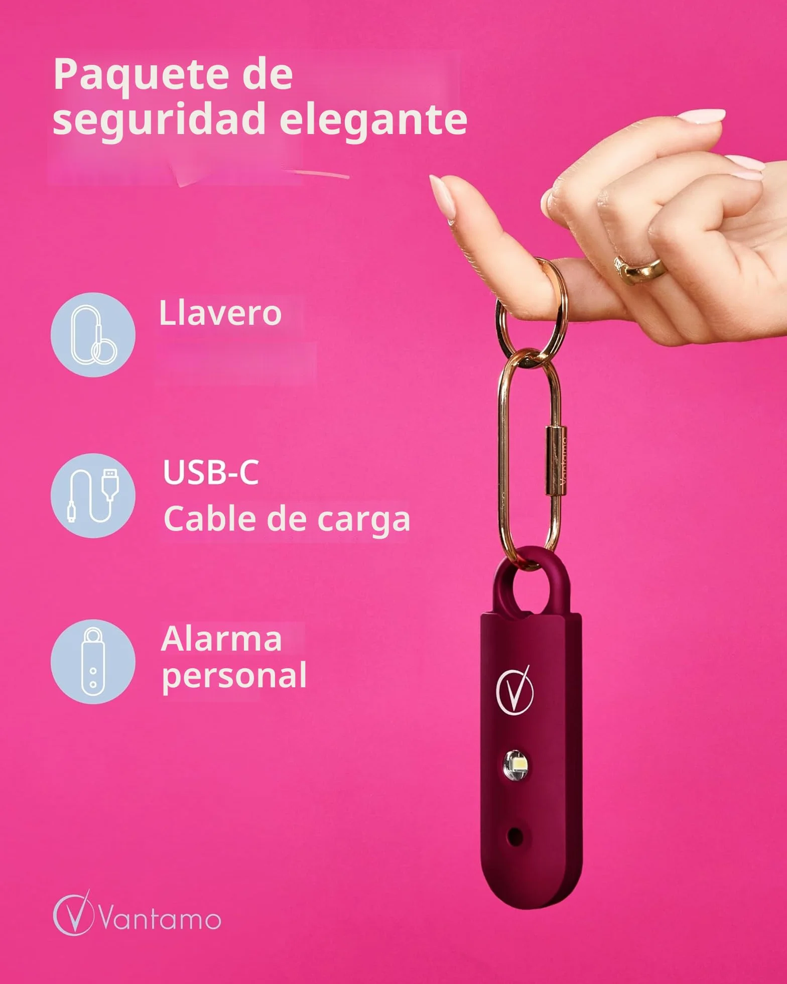 Vantamo Alarma Personal 130dB Doble Altavoz Luz Estroboscópica Indicador Batería Baja Llavero Autodefensa Compacto