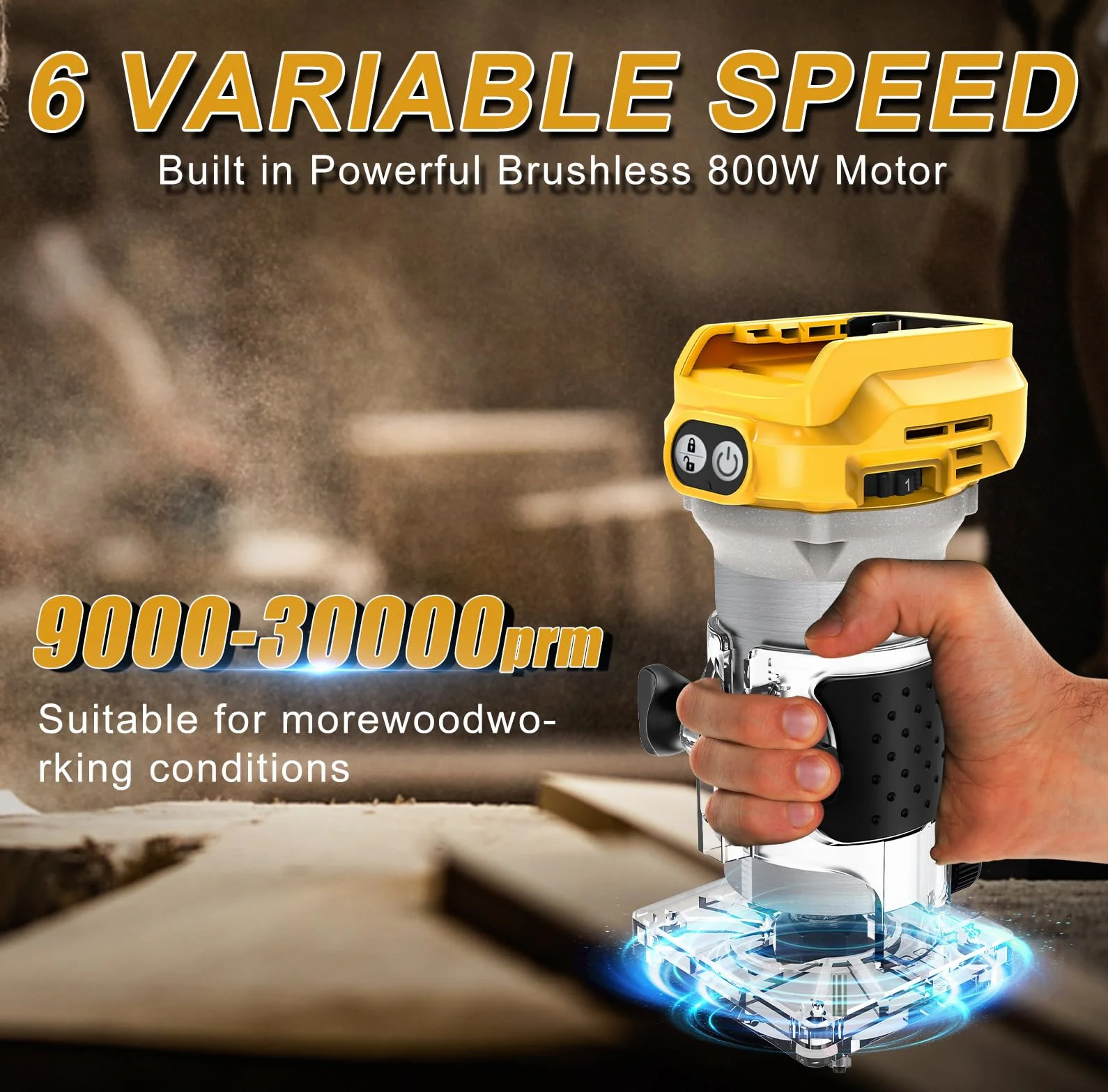 Enrutador inalámbrico, compatible con batería Dewalt, 20 V 800 W, fresa portátil sin escobillas para carpintería, carpintería inalámbrica, recortadora con 15 fresas de 1/4 de pulgada (sin batería)