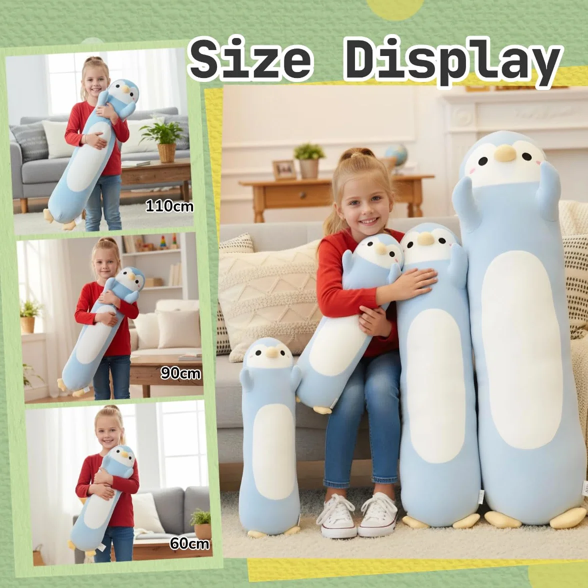Peluche Largo de Pingüino Almohada Abrazable Suave Cojín Corporal 60cm Regalo Niños Niñas Azul Claro