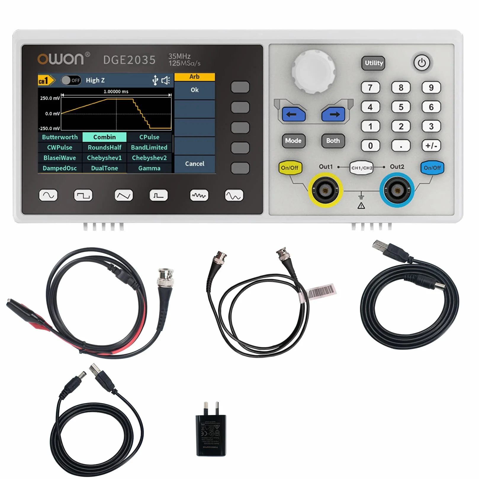 OWON Generador de funciones de 35 MHz de canales duales DGE2035, generador de forma de onda arbitraria portátil con pantalla LCD de 3,6 pulgadas, generador de señal de frecuencia muestreo de 14 bits