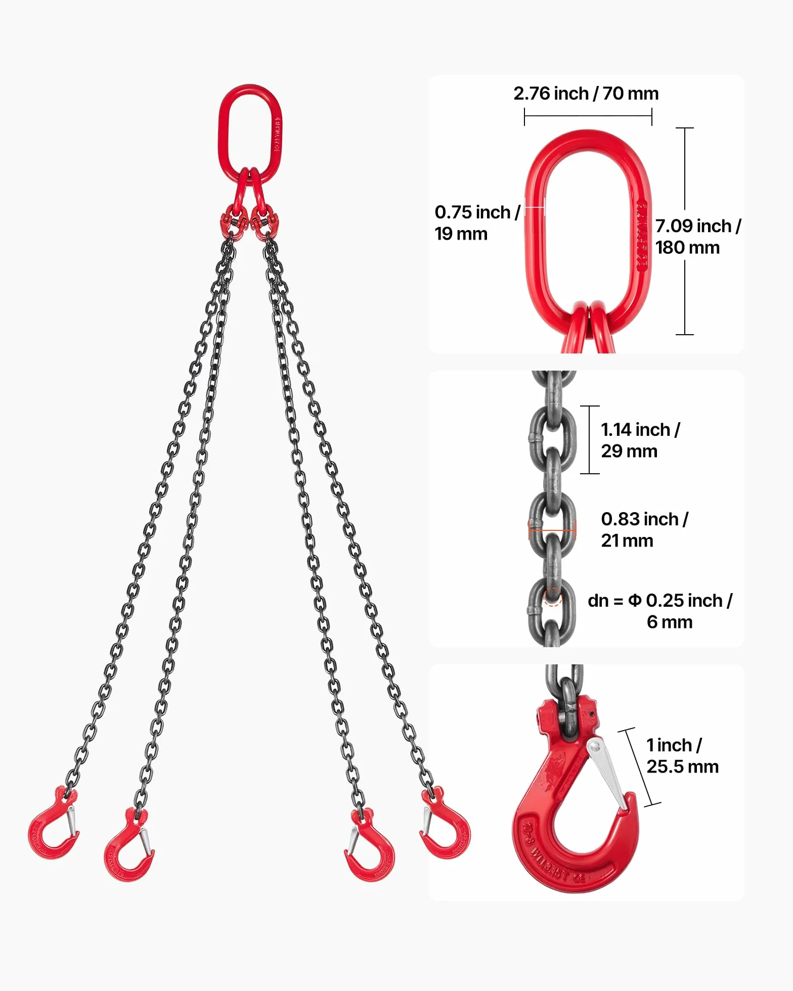 VEVOR Polipasto de Cadena, Eslinga de Cadena de 4 Ganchos 6,3 mm x 1,5 m, Aleación de Acero G80, Capacidad 2993 kg