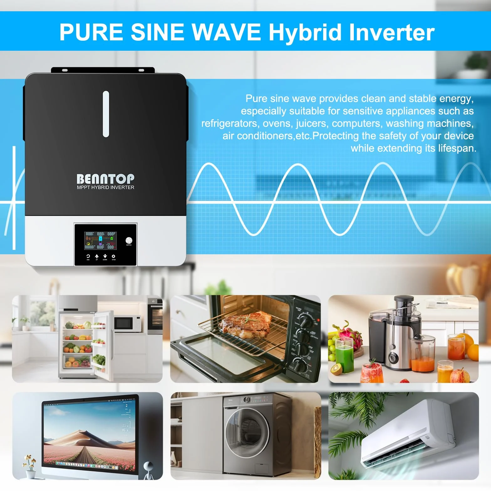 6200W Inversor Híbrido 48V Onda Sinusoidal Pura Off-Grid Inversor Solar,MAX.PV 500Vdc,120A MPPT,para autocaravanas, familias, Camping