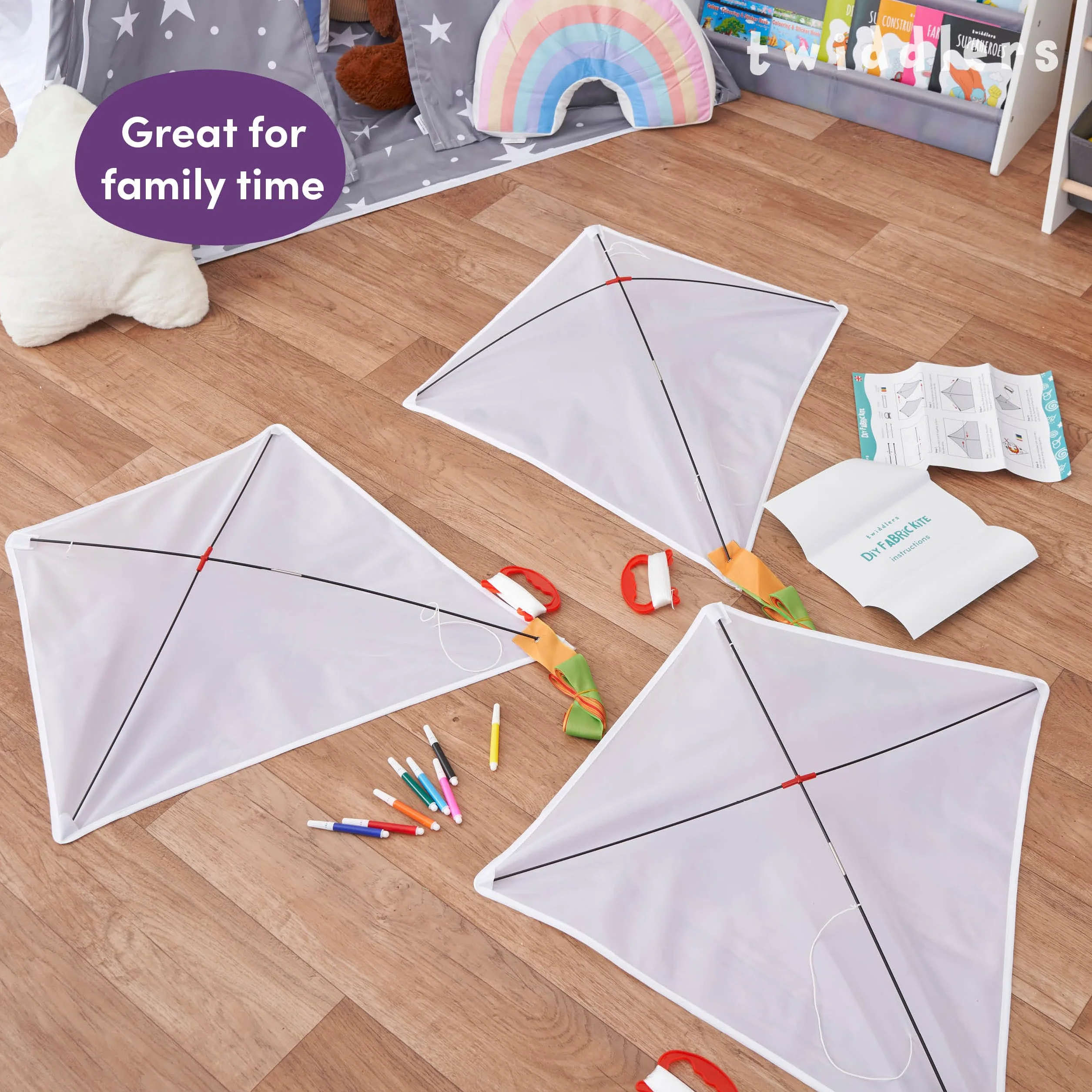 Kit de 3 Cometas para Pintar y Volar Extra Grandes 65x65 cm Manualidades Juegos Exterior Niños Rotuladores