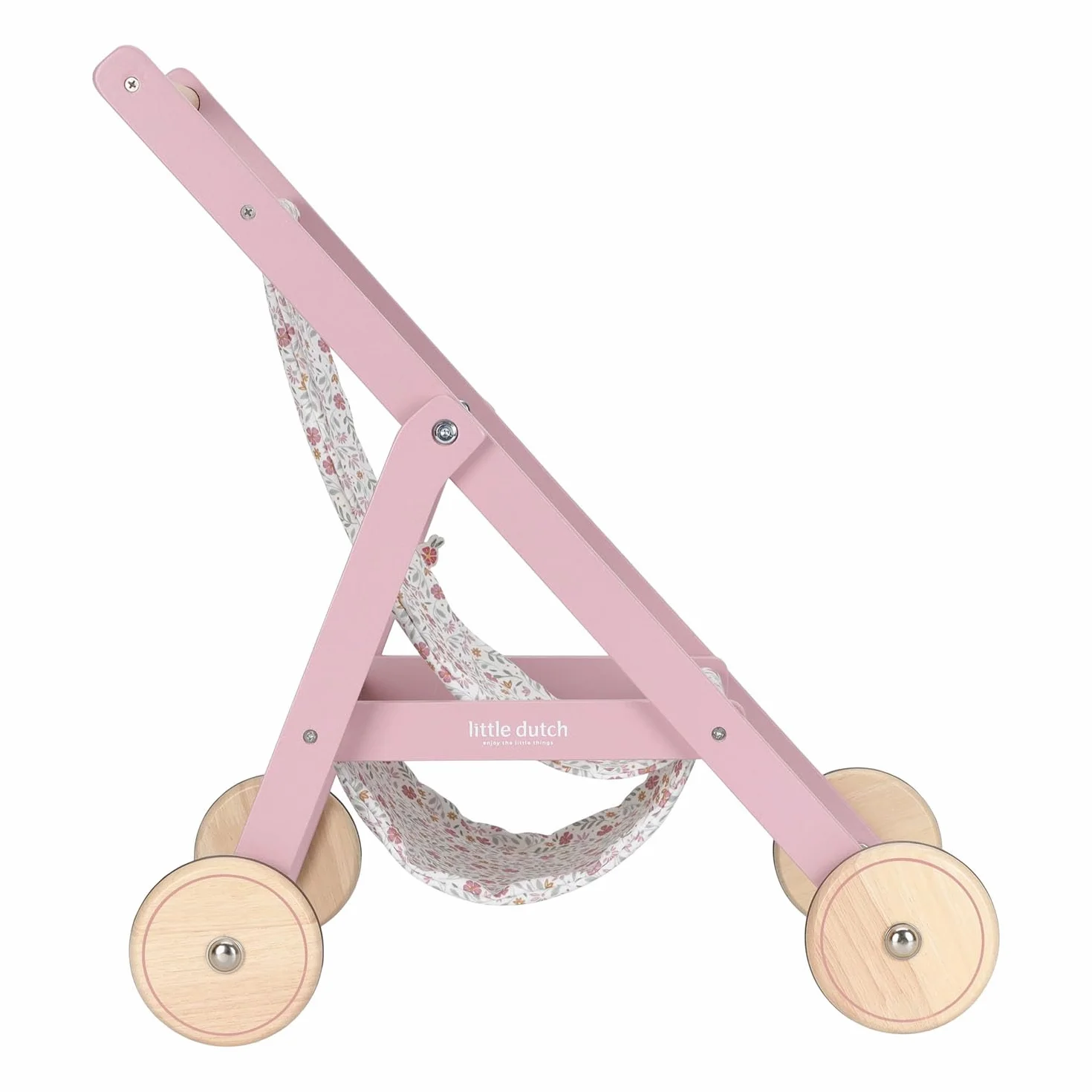 Little Dutch Cochecito de muñecas de madera con compartimento para muñecas de 33-46 cm, Soft Flowers, rosa