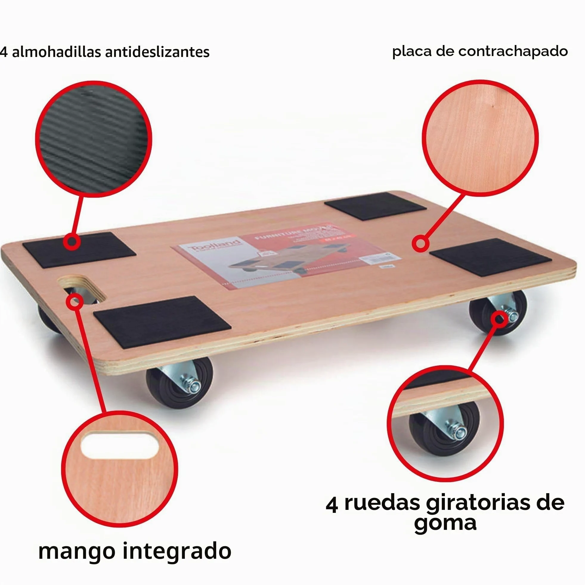 Toolland Plataforma con Ruedas para Muebles, Ayuda de Transporte 400 kg, Base de contrachapado 65 x 40 cm, Revestimiento Antideslizante, asa y 4 Ruedas giratorias de Goma, mudanzas