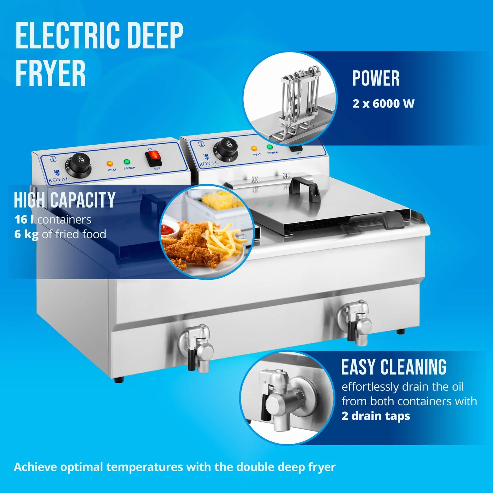 Royal Catering Freidora Eléctrica Doble Para Hostelería 400 V (Potencia: 2 x 6.000 Watt, Capacidad: 2 x 16 Litros, Con Grifo De Vaciado)