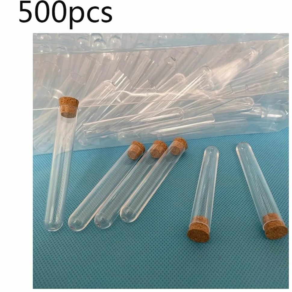 500 tubos de plástico transparente de fondo redondo con tapones de corcho, 12 x 75 mm.