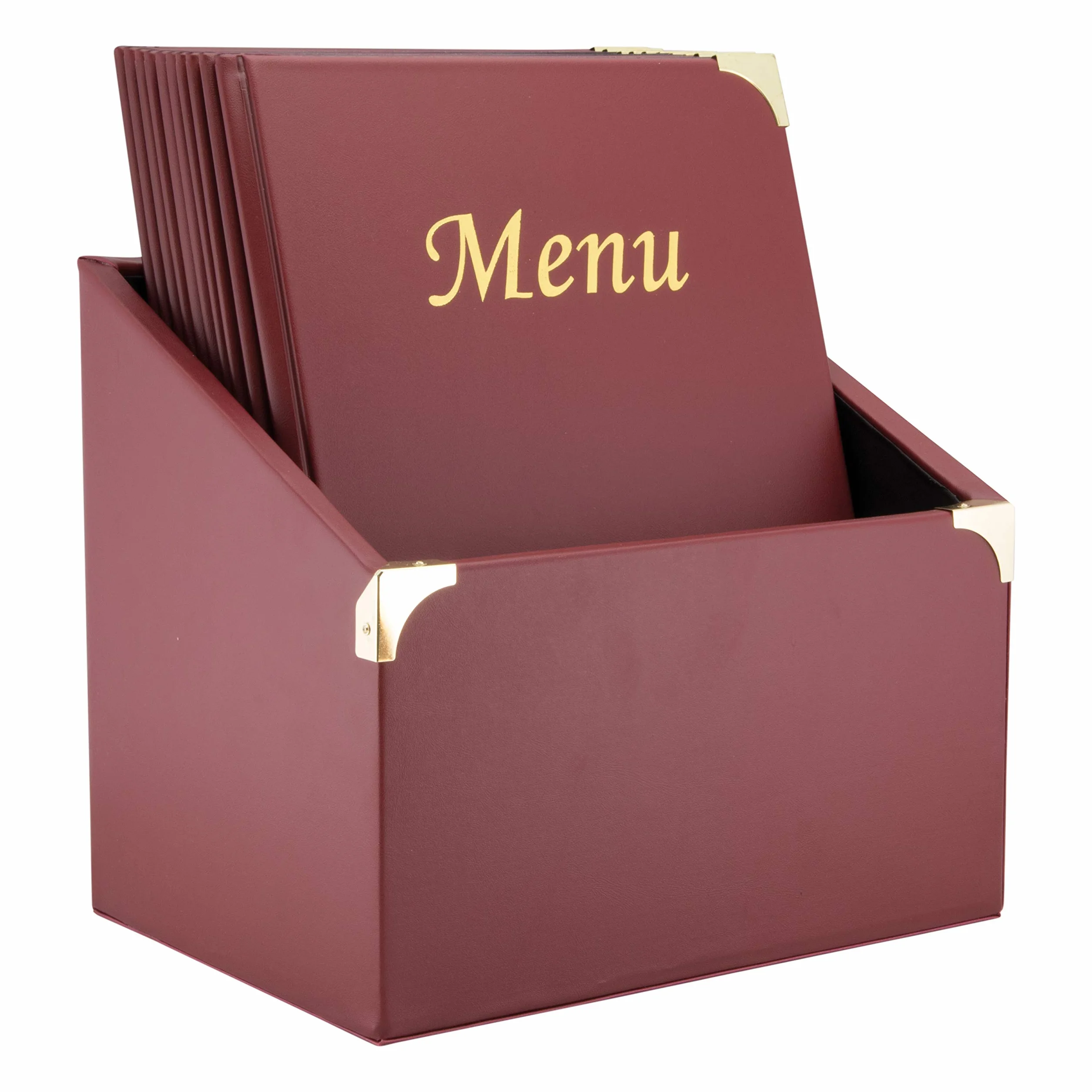 SECURIT - Set de 10 Portamenús Design Line con Caja de Exhibición - 1 Inserto Fijo Doble Cara = 8 Páginas A4- Posibilidad de Añadir Insertos - Café, Bar, Restaurante- Imitación Cuero PU- Color Burdeos