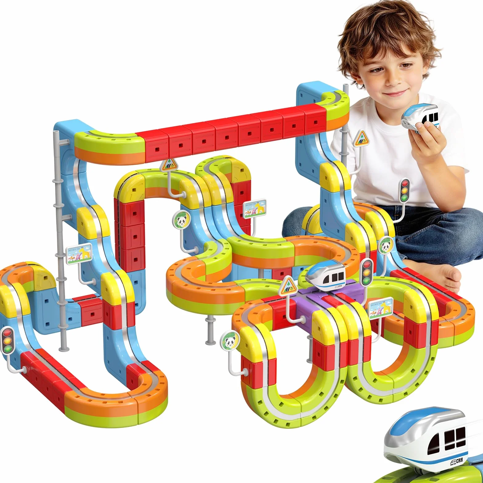 Tren Eléctrico Juguete 141 Piezas, Kit de Vías de Cubos 3D DIY, Juego de Construcción Regalo para Niños 3-12 Años