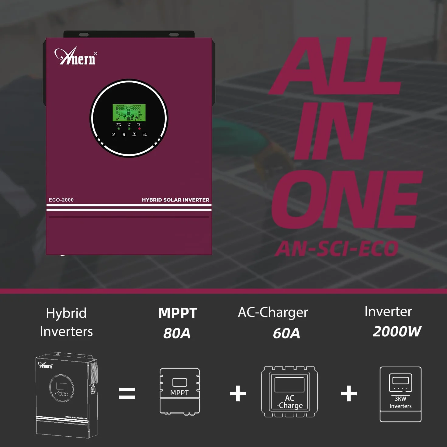 Anern 12V 2KW Inversor Solar híbrido Fuera de la Red Inversor Solar DC12V A AC230V con Cargador Solar MPPT de 80A Máx PV 400V DC Funciona con Acumuladores de Baterías de Litio de 12V