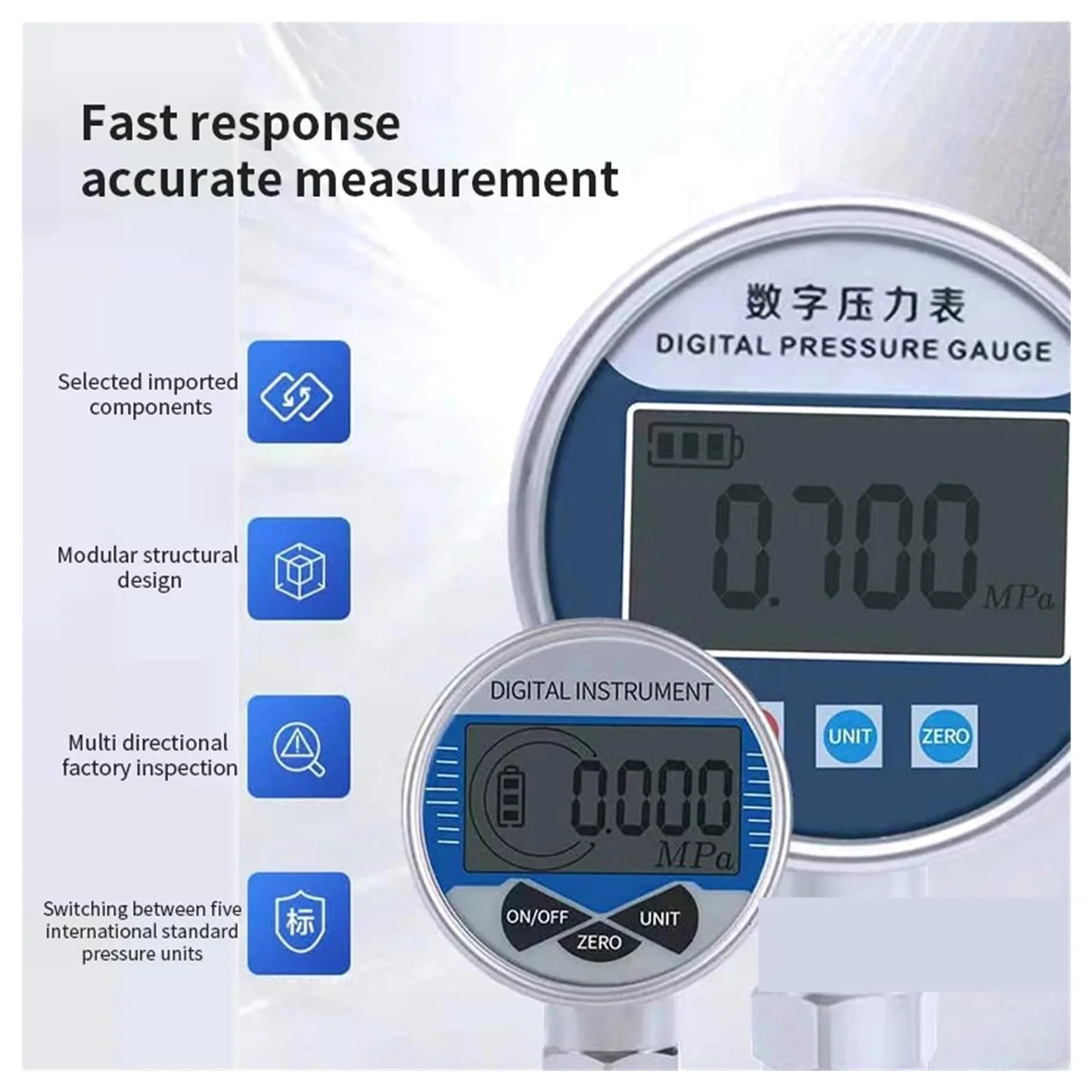 Manómetro electrónico Pantalla Digital LCD de esfera de 60 mm, Manómetro de presión negativa de vacío hidráulico Manómetro de presión de aceite de agua(0-6Mpa)