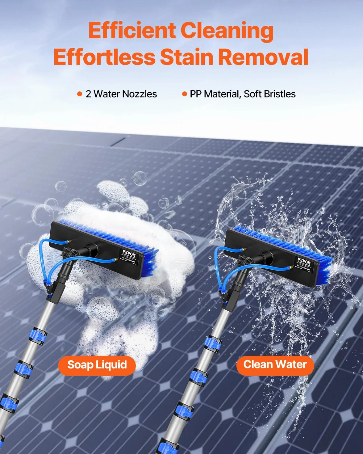 VEVOR Kit de Barra de Alimentación de Agua, Barra de Limpieza de Paneles Solares de 9 m con Mango Extensible, Cabezal de Cepillo Giratorio de 180° y Manguera de 20 m, para el Hogar y Exteriores