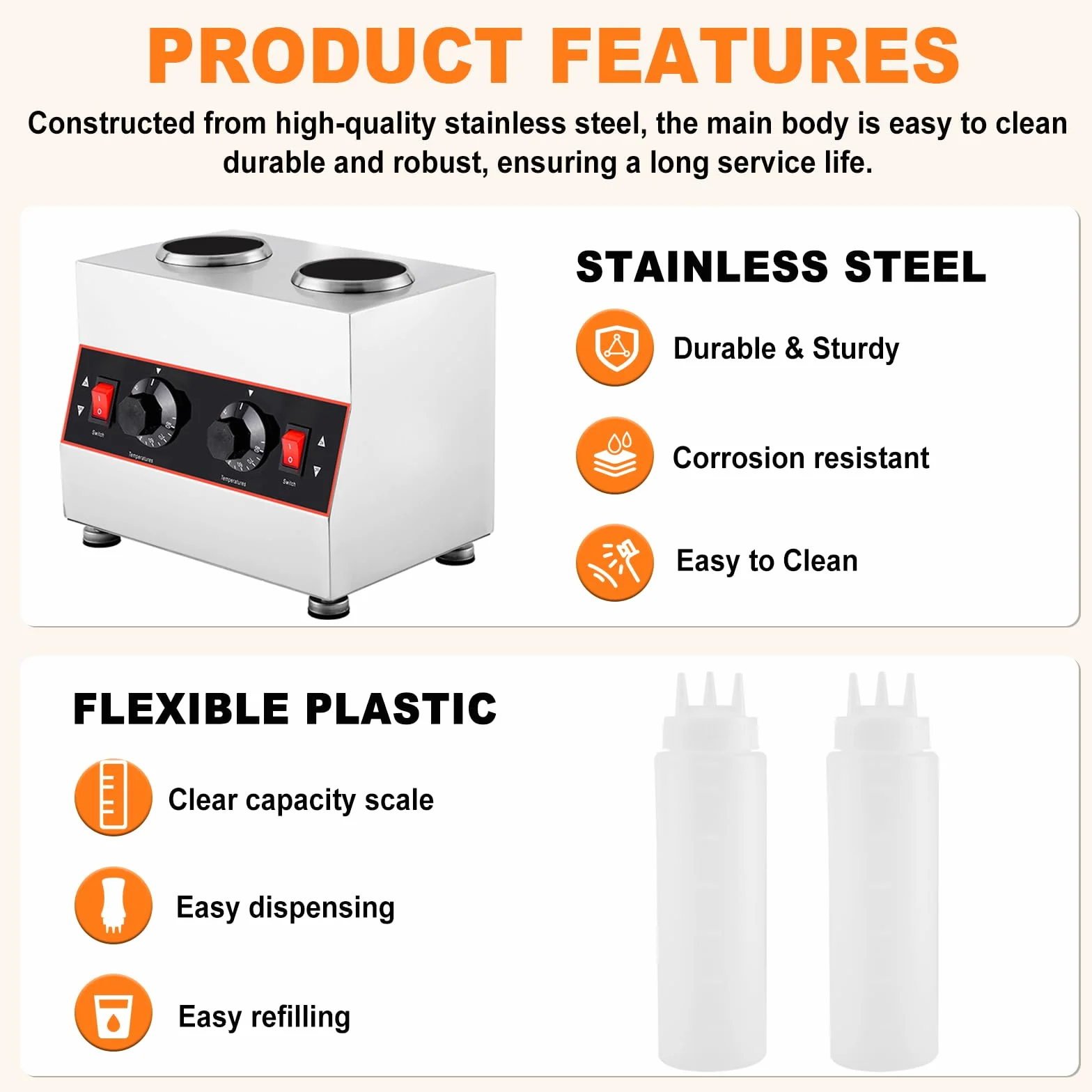 YUCHENGTECH Calentador Eléctrico de Salsas 320W Acero Inoxidable 2 Botellas 30-85℃ Dispensador de Salsa Eléctrica