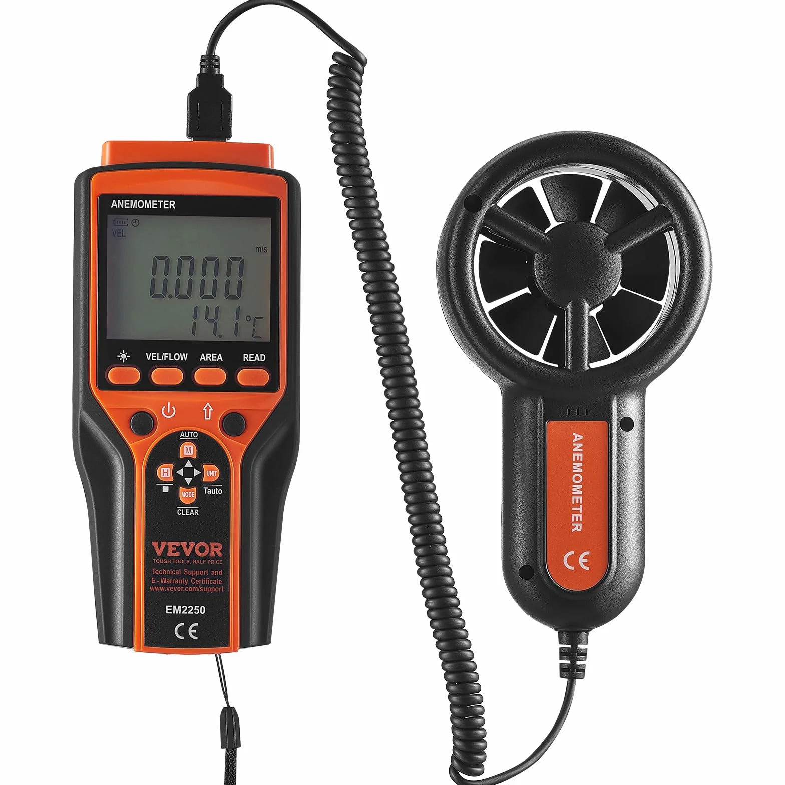 VEVOR Anemómetro Portátil Digital con Pantalla LED Medidor Velocidad Viento CFM -10~60°C para HVAC Drones Navegar