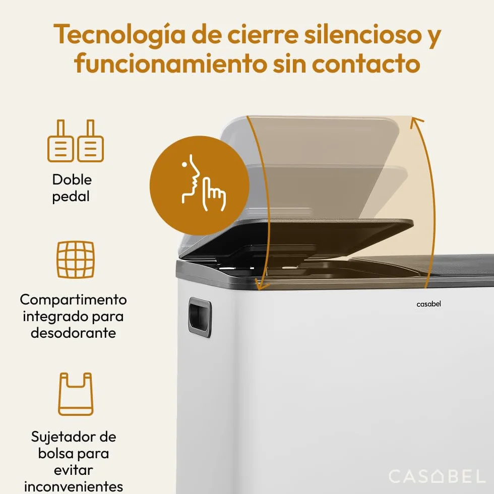 CASABEL Cubo de Basura Selectiva 60L, 2 x 30 Litros, Compartimentos Dobles 2x30L, Acero Inoxidable blanco, Papelera de Reciclaje de Pedal Rectangular, Anti Trazas, Anti Olores